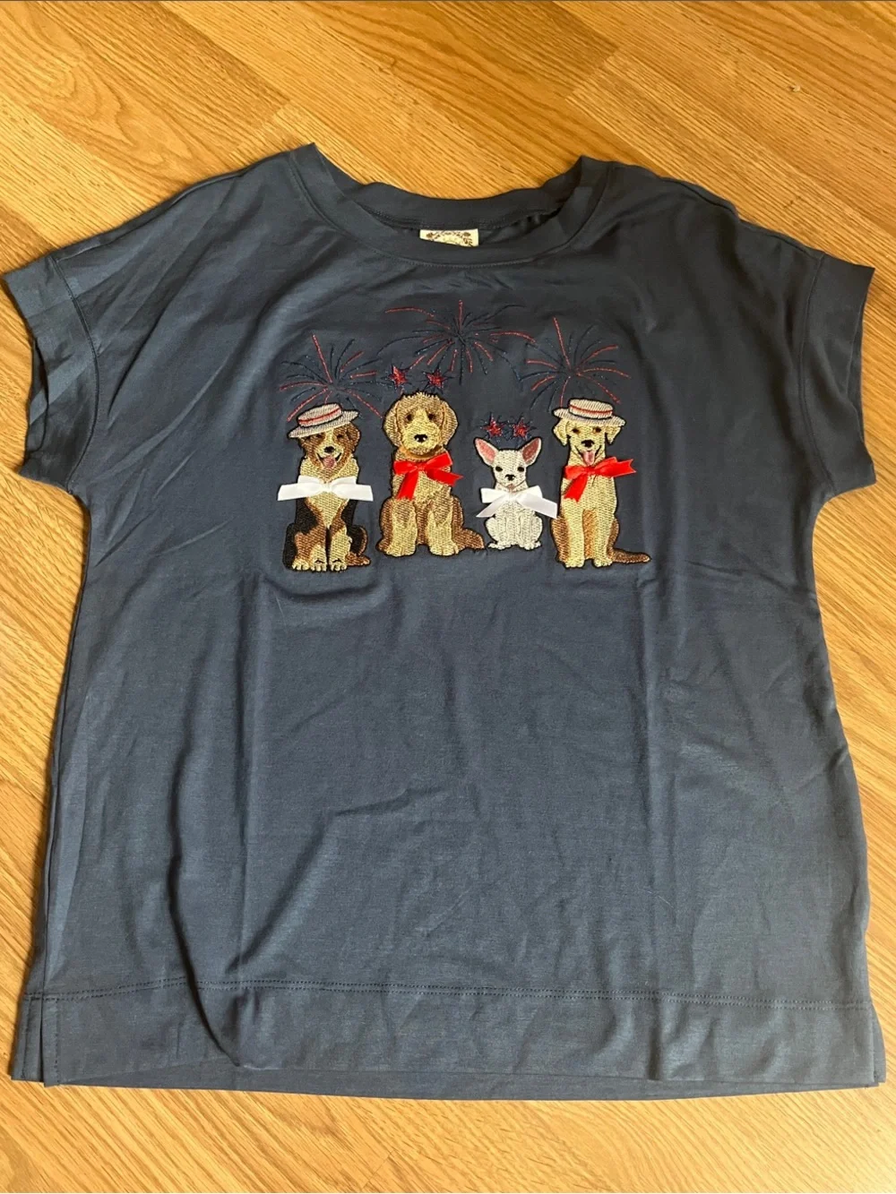 Women’s Navy Blue Short Sleeve Tee with Festive Embroidered Dogs